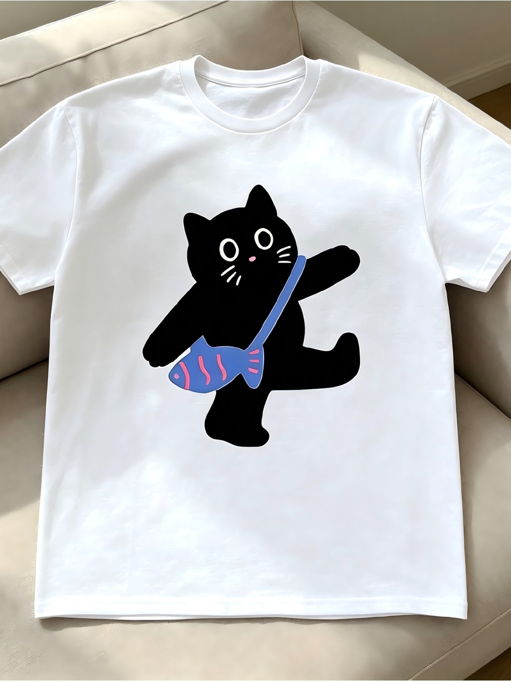 cat t-shirt with blue bow white Women Men T-shirt Unisex